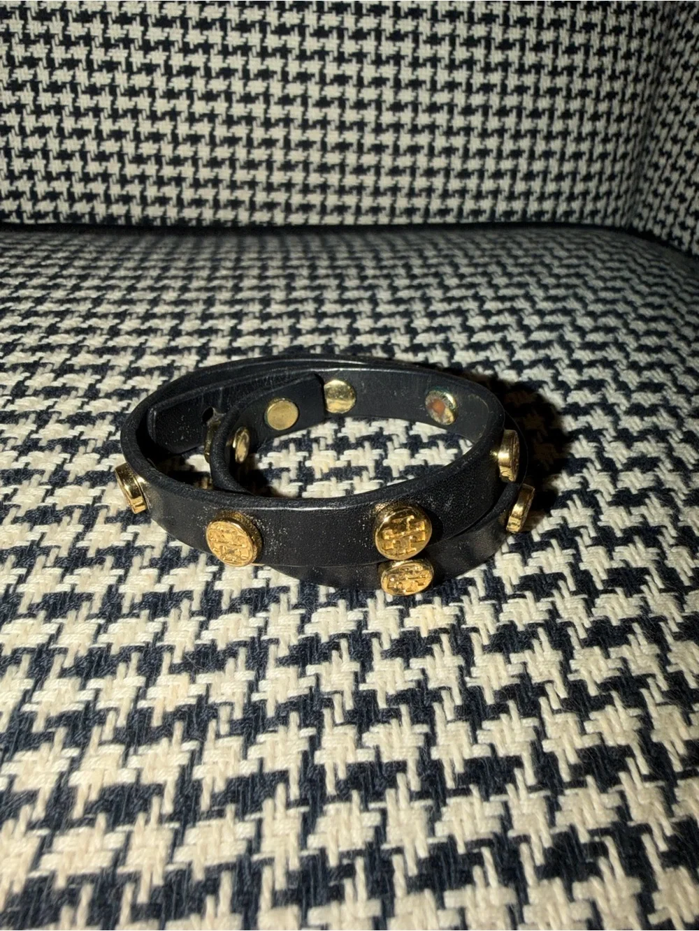 Tory Burch Black Leather Double Wrap Bracelet with Gold Medallion Studs